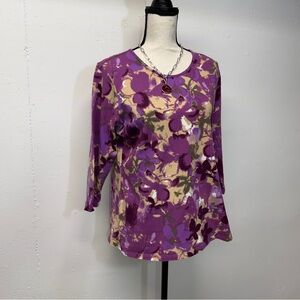 Denim&Co Purple Floral Scoop Neck Long Sleeve Top
